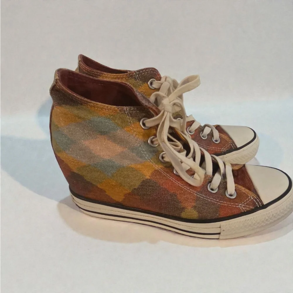 Women's Converse Plaid Wedge Sneakers Brown Orange Size 8 - Picture 2 of 5